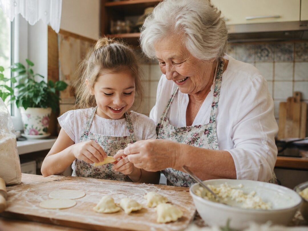 Babcia i wnuczka wspólnie lepią pierogi przy drewnianym blacie w kuchni